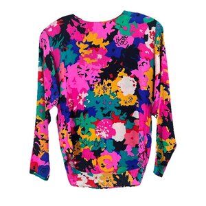 Vtg Flora Kung Bright Floral Silk Long Sleeve Blouse Statement Piece Sz 6